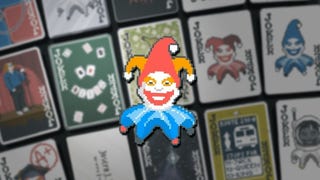 A Joker's head from Balatro over a slightly blurred deck of Jokers from the game.