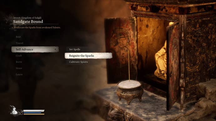 The player looks at the 'Reignite the Sparks' option in the menu of a Keeper's Shrine in Black Myth Wukong