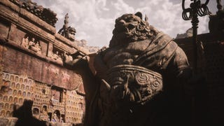 A tall statue outside of the Crouching Tiger Temple is shown in Black Myth Wukong