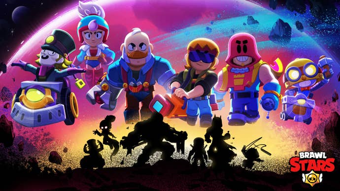 Buster, Carl, Chuck, Grom, Janet and Sam, a mixture of middle and low tier characters in Brawl Stars, walking into battle.