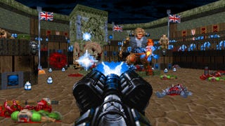 The player shooting a Margaret Thatcher in Thatcher's Techbase.