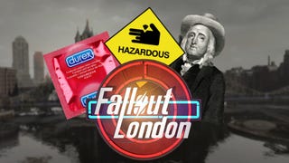 A condom and Jeremy Bentham among other things next to a Fallout: London logo.