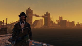 A Fallout: London character standing in from of the ruined tower bridge.