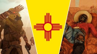 Some characters from Fallout Nuevo Mexico alongside the New Mexico flag.