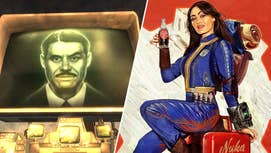 Lucy in the Fallout TV show with some Nuka Cola next to Mr House from Fallout New Vegas.