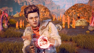 Ellie shooting a blaster in The Outer Worlds.