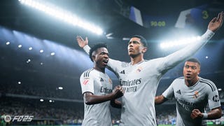 Jude Bellingham celebrating a goal with Vini Jr and Kylian Mbappe in EA Sports FC 25.