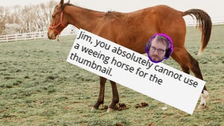 A horse urinating in a field. Its undercarriage is covered up by a whatsapp message that reads "Jim, you absolutely cannot use a weeing horse for the thumbnail."