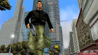 Claude walking down a street with a gun in GTA 3.