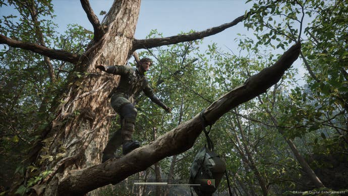 Snake balances while walking along a tree branch to retrieve his backpack full of gear in Metal Gear Solid Delta: Snake Eater