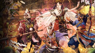 Header image for Kunitsu-Gami: Path of the Goddess, featuring a goddess and four bodyguards in traditional Japanese painter style.