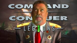 Tim Curry, slightly blurred, sits atop of C&C Legions key art and logo.