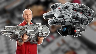 A man holding set 75192 - the Millenium Falcon - is shown beside new, smaller Millenium Falcon set 75375