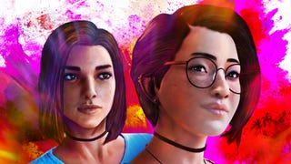 Steph and Alex from the Life is Strange series, against an abstract background of red, purple, and yellow.