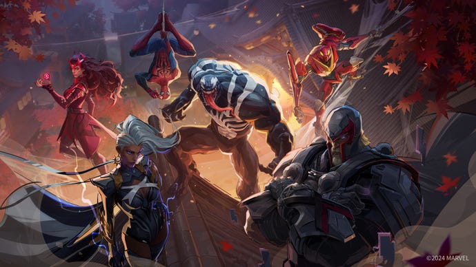 From left to right; Scarlet Witch, Storm, Spider-Man, Venom, Magneto, and Penny Parker in Marvel Rivals promotional artwork