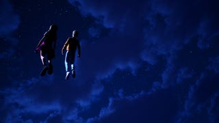 Two teens float in space, listening to music, looking at the stars.