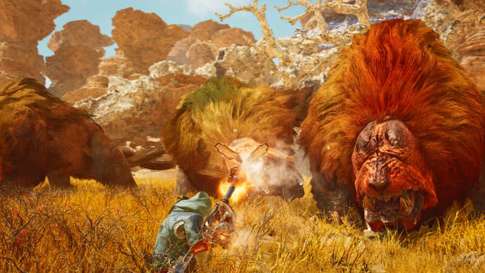 A character hunting some creatures in Monster Hunter Wilds.