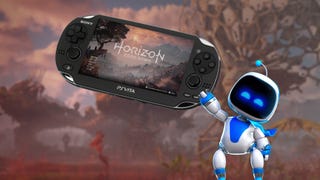 A small Astrobot holds a PSVita aloft that's showing a Horizon Zero Dawn sceenshot