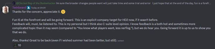 One of Twinbeard's comments in the Helldivers 2 Discord server.