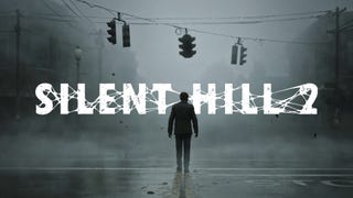 Silent Hill 2 logo in a sticky, web-like font, in the middle of a scene of a man walking through a  foggy town under some traffic lights