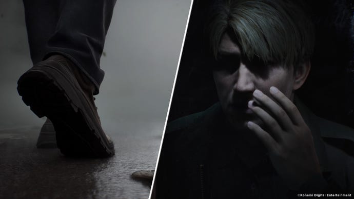 An image of James' shoe as he enters Silent Hill is shown alongside him looking in the apartments' mirror in the Silent Hill 2 remake