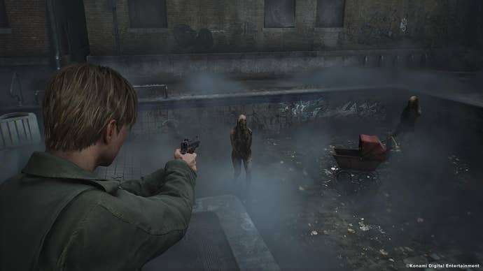 James Sunderland aims his handgun at a Lying Figure in the pool area in the Silent Hill 2 remake