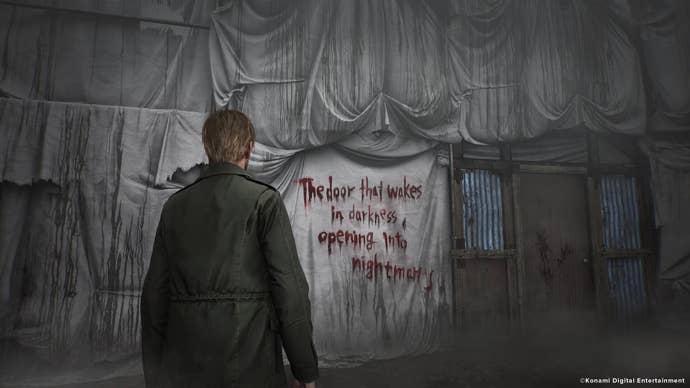 James Sunderland faces a wall that reads, "The door that wakes in darkness, opening into nightmares,"  in the Silent Hill 2 remake