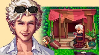 Astarion, a fluffy haired elf, rendered in Stardew Valley's pixel art style, while wearing sunglasses, a scene of him in a rocking chair next to the portrait of him.