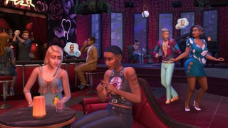 Sims of various ages and genders mingle at a bar, with varying results.