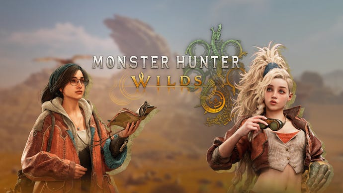 Monster Hunter Wilds header with two female characters, a blurred background, and a logo stating the name.