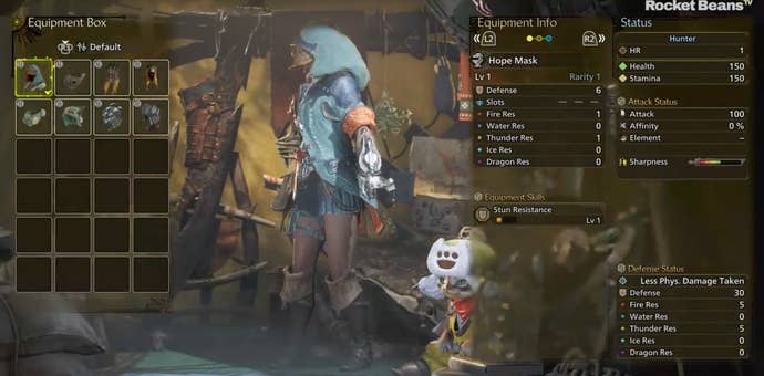 Monster Hunter WIlds: A female hunter is wearing the male version of an armor set