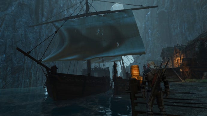 Geralt in front of a big ship in The Witcher 3.