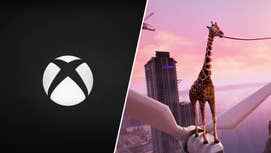 The Xbox logo next to a giraffe in Goat Simulator Remastered.