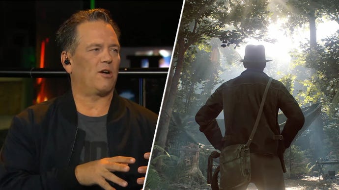 Xbox's Phil Spencer next to Indiana Jones in Indiana Jones and the Great Circle.