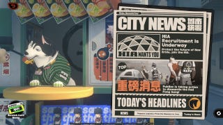 Howl plays with a toy at his news stand, while the New Eridu city newspaper takes up the right-hand half of the screen.